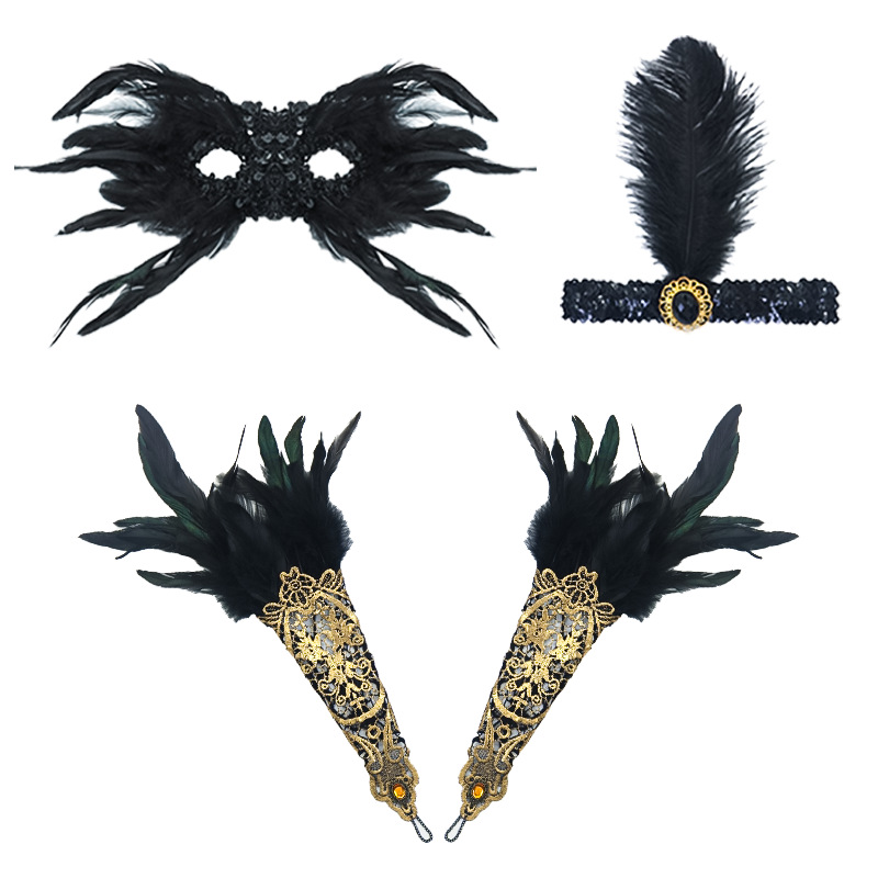 Máscara de plumas estilo gótico para fiesta, encaje calado, protector de brazo, diadema elástica con lentejuelas, estilo oscuro TK