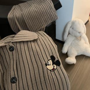 Korean Style Ins Style Mickey Pajamas Women's Spring and Autumn Couple's New Arrival Striped Cardigan Long-Sleeved Trousers Home Clothes suit