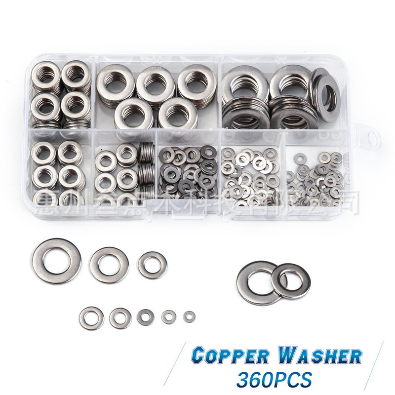 360PCS盒装垫圈 8Sizes不锈钢平垫圈 金属垫片套装螺丝垫圈