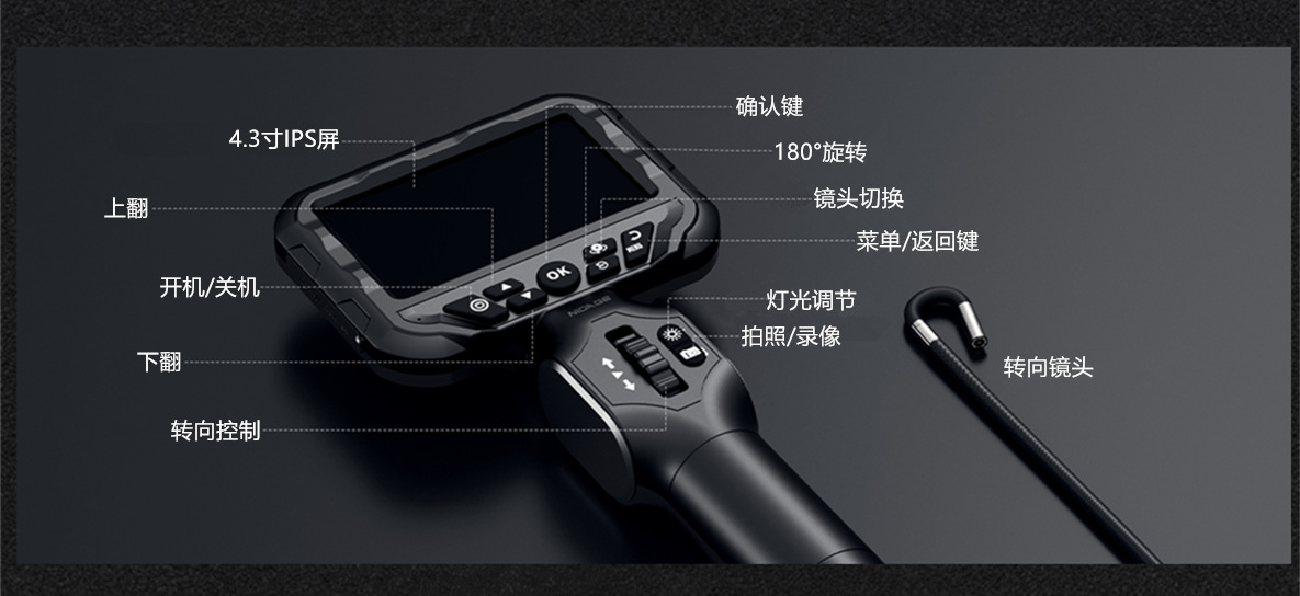4.3 inch Screen Dual Lens 360° Rotating Endoscope HD Camera Car Inspection Pipeline Visual Camera