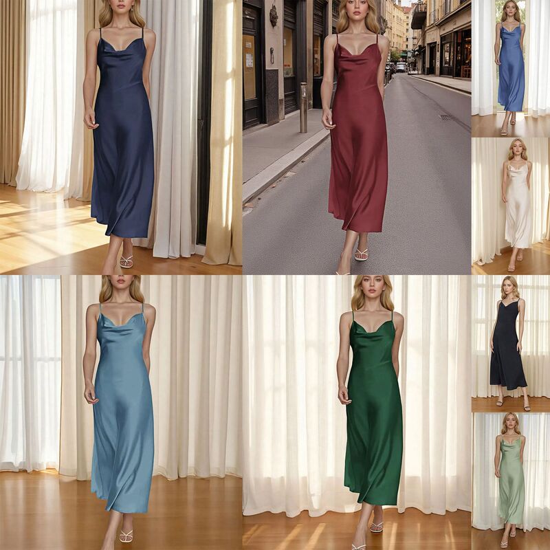 Europe and America Amazon Cross-border Foreign Trade Women's New Acetic Acid Satin Skirt Sexy French Sling Long Skirt dress