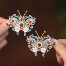 厂家新款复古灵动短流苏烧蓝珍珠串珠发夹饰头饰宫廷古典韵味批发