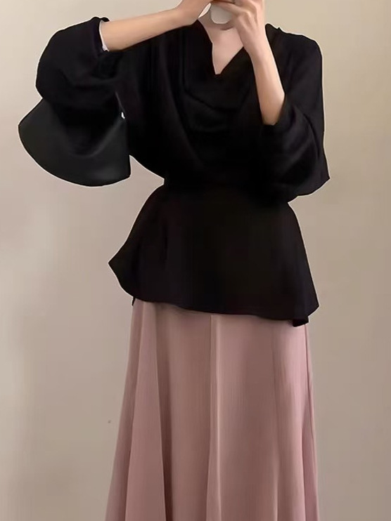 春秋穿搭一整套气质黑色2025款衬衫上衣女半身裙韩系chic两件套装|undefined