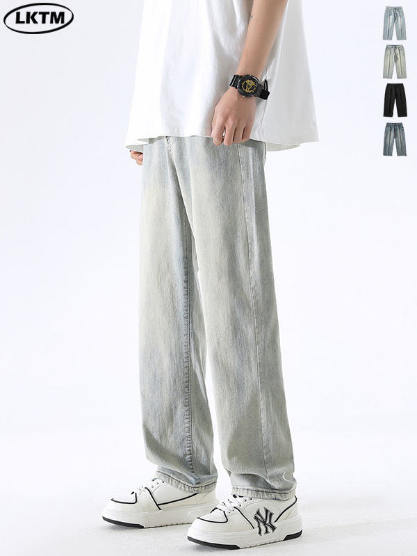 LKTM Men's Wear # Pantalones vaqueros elásticos lavados y viejos teñidos de barro amarillo para hombres, pantalones rectos de la calle principal de la marca de moda del verano para hombres