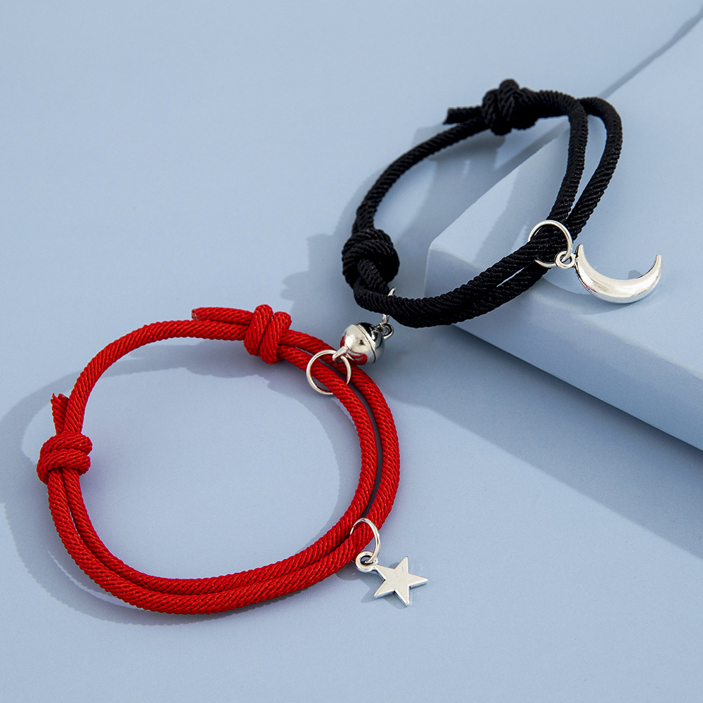 Foreign Ornament Simple Star Moon Couple Girlfriends Handmade Rope Adjustable Magnet Magnetic Bracelet display picture 5