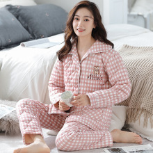 冬季夹棉睡衣女秋冬天纯棉长袖三层加厚可爱可出门保暖家居服套装
