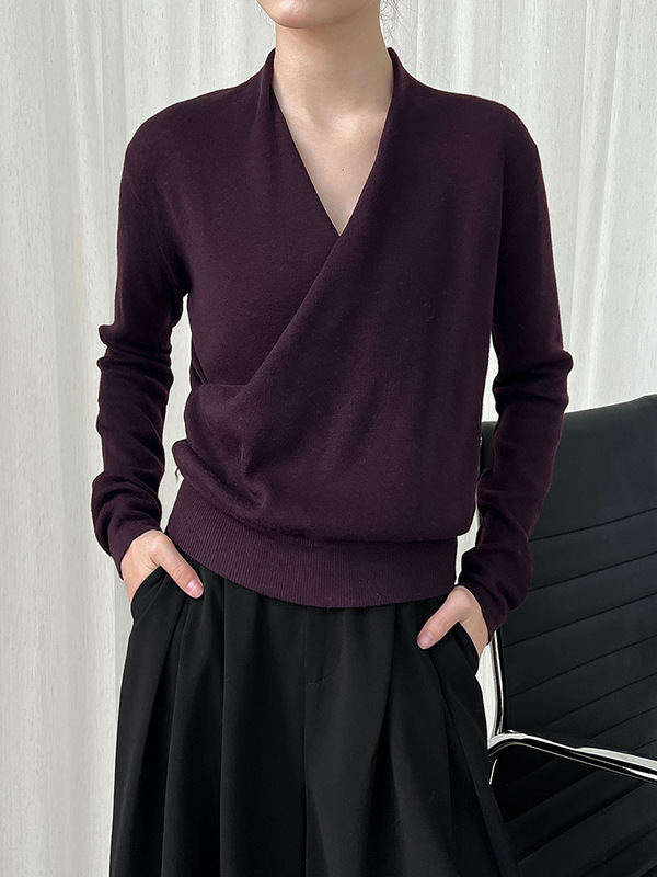 鹿西 韩系交叉斜门襟针织衫女25秋季新款柔软羊毛打底衫上衣ss778|undefined