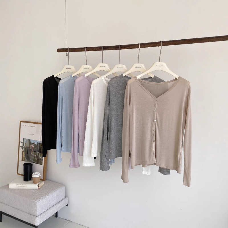 Spot Lyocell Tencel Acetate V Neck Cardigan Women's Sheep Wool Summer Thin Sun Protection Long-Sleeved Top