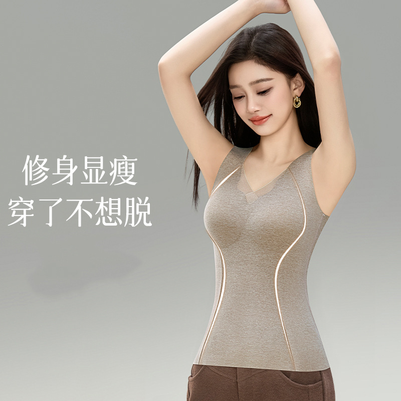 简约V领羊毛蚕丝保暖背心固定杯垫免穿文胸修身美体保暖马甲外穿|undefined
