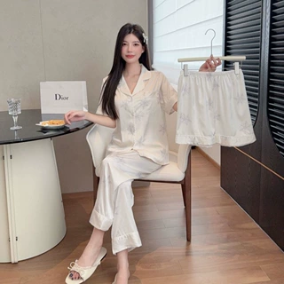 新款网红同款雪花片印花烫钻冰丝睡衣女简约爆款三件套家居服套装