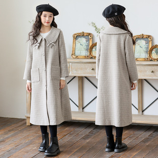 Girls' Woolen Coat Autumn and Winter Doll Collar Over-knee Long Top 2024 New Style Woolen Coat for Big Children and Little Girls