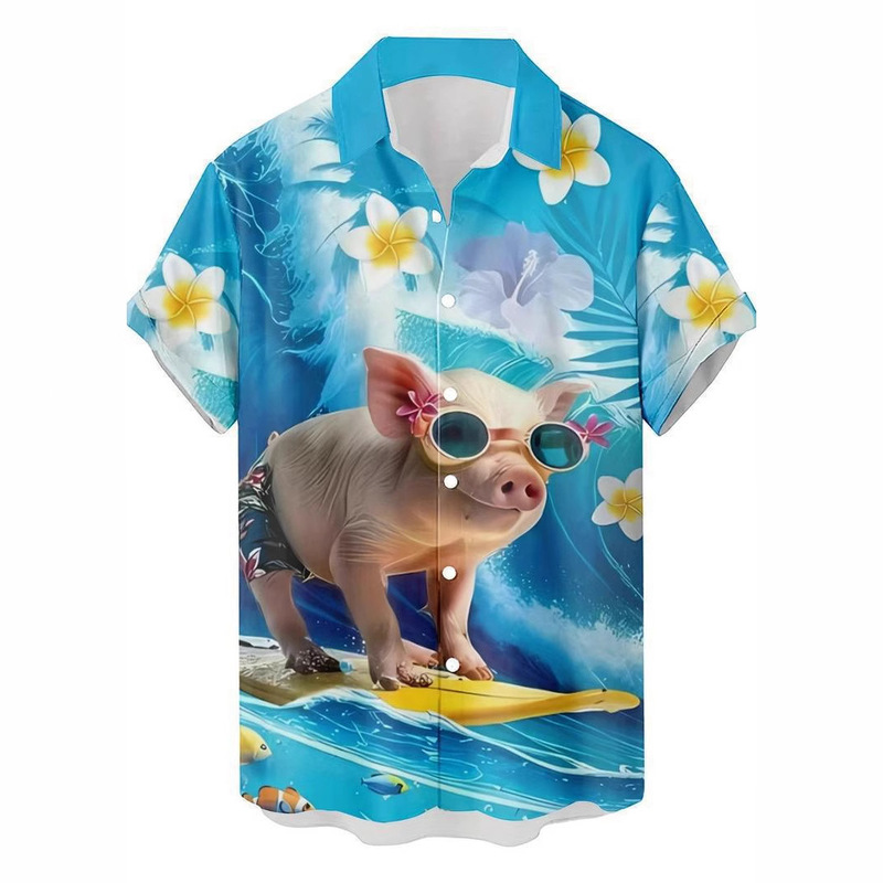 Hawaii Interesting Export European Size Short-Sleeved Shirt Piggy Pattern 3D Printed Beach Style Short-Sleeved Shirt Hawaii Interesting Export European Size Short-Sleeved Shirt Piggy Pattern 3D Printed Beach Style Short-Sleeved Shirt
