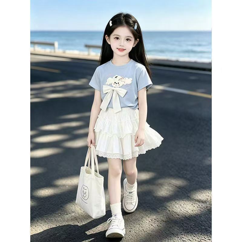 女童夏季套装2026新款儿童蝴蝶结T恤夏装女孩甜美蛋糕裙两件套潮