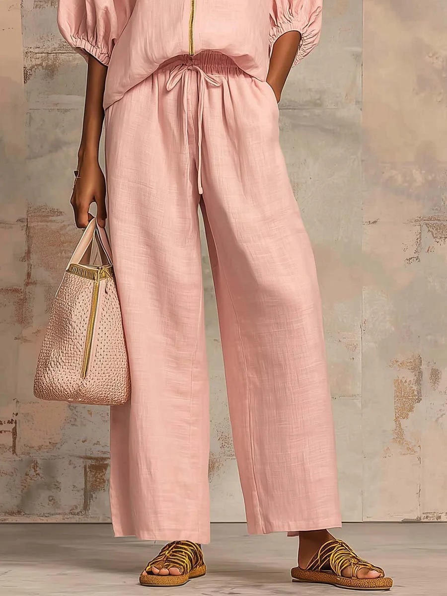 Women's Clothing Summer Women's Wide Leg Pants Set Casual Loose Fit Solid Color Zipper Round Neck Top Bottoms Outfit Style_ecoleips.com