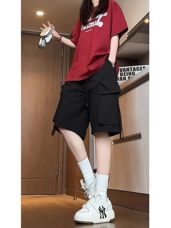 夏用薄い黒のアイスシルク速乾性登山カーゴショーツ、男性と女性用、機能的なルーズトレンディなブランドの5点パンツ|undefined