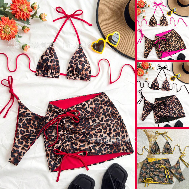 European and American Cross-Border Lace-Up Bikini Three-Piece Swimsuit Sexy and Fashionable Leopard Print Contrasting Color Reversible Vacation Swimsuit for Women