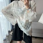 感镂空刺绣洋气宽松显瘦大码长袖打底衫上衣女春秋新款蕾丝衫