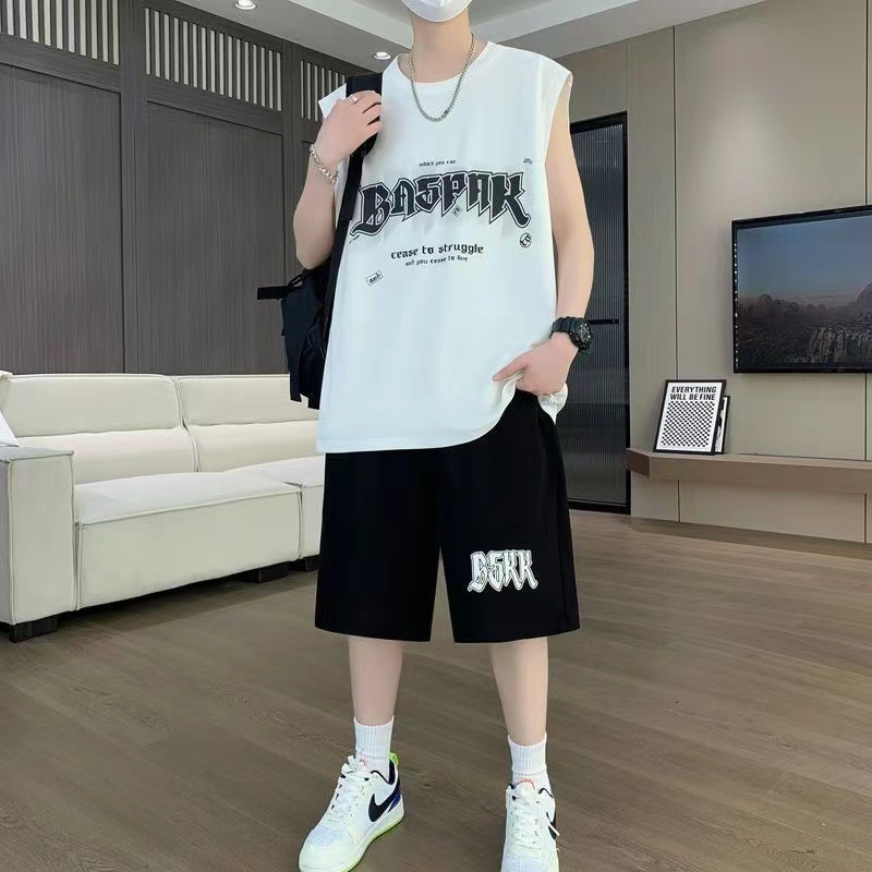 Summer Ice Silk Loose Casual Sports suit Teenager Students Sleeveless Vest Five-point Pants Two-piece Set with Fashion