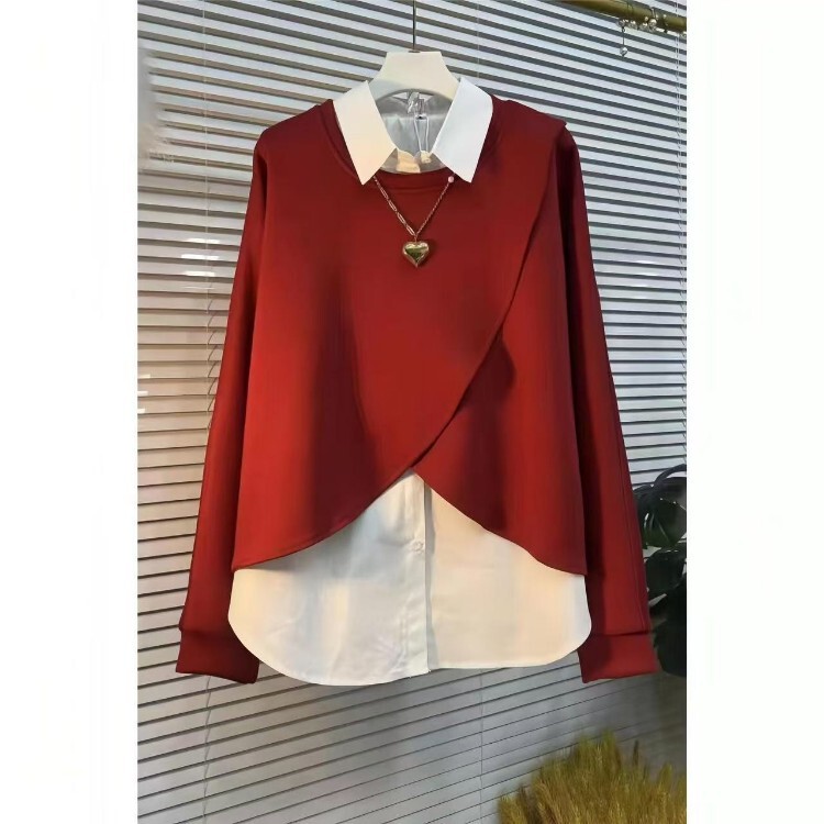 Irregular plus-size 2026 spring new stylish unique and exquisite faux two-piece shirt, slimming and figure-flattering top for women Irregular plus-size 2026 spring new stylish unique and exquisite faux two-piece shirt, slimming and figure-flattering top for women