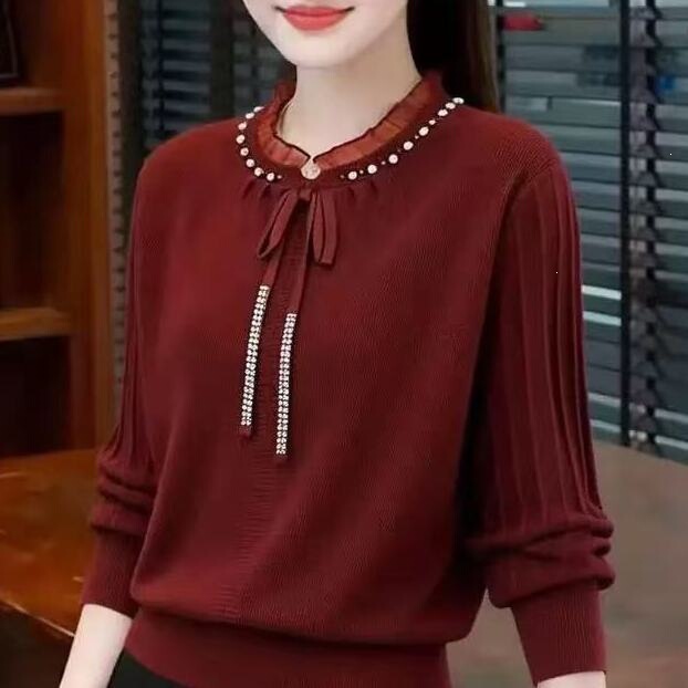 Lace-trimmed round-neck sweater, new autumn/winter style, fashionable and stylish, loose-fitting, plus-size, with tie details Lace-trimmed round-neck sweater, new autumn/winter style, fashionable and stylish, loose-fitting, plus-size, with tie details