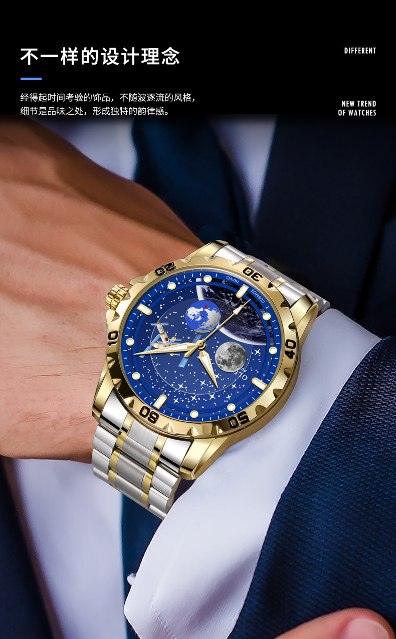 Đồng hồ nam automatic lộ máy dây thép cao cấp — Dây thép vàng Intershell, Dải thép bạc vỏ bạc chi tiết 3