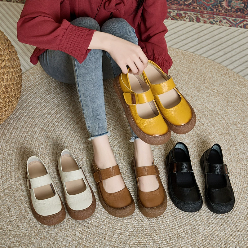 Листья из кожи головы ретро обувь Мэри Джейн женская обувь 2025 корейская версия липучки плоская нижняя повседневная обувь кожаная мама обувь