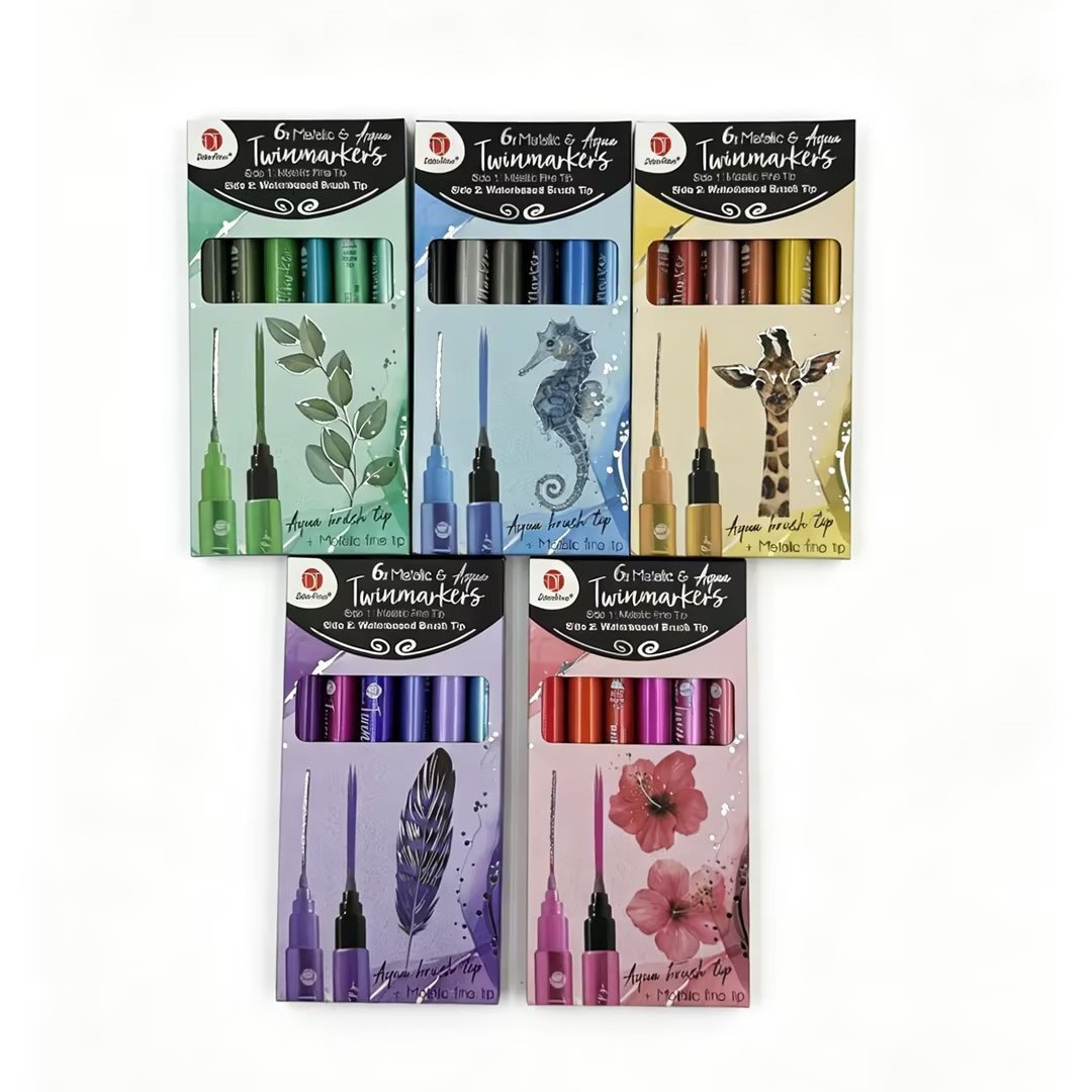 DecoTime Dual-Tip Marker Pen 6-Pack Metallic Colors Fine Tip Water-Based Soft Brush for Drawing and Journaling, Best Seller in Cross-Border Sales
