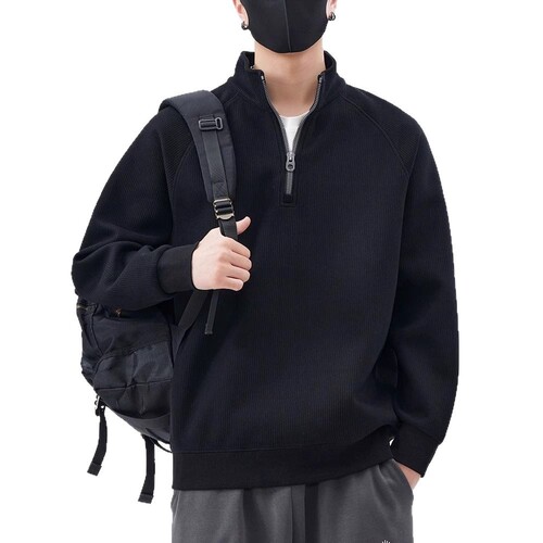 Men's semi-zipper sweater men's spring and autumn 2025 new style loose fashion brand pullover stand collar solid color sweater T-shirt men