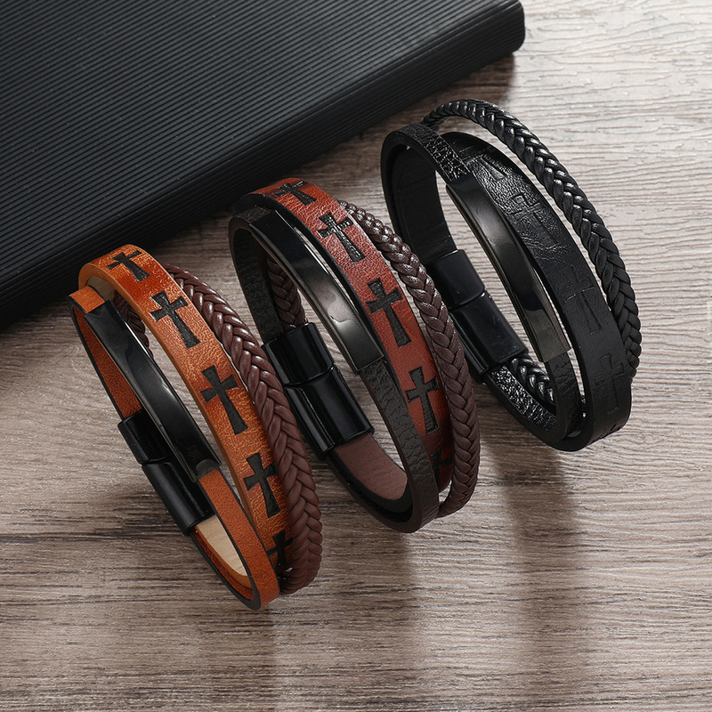 New cross-border jewelry printed cross men's leather woven magnet buckle bracelet European and American versatile simple bracelet