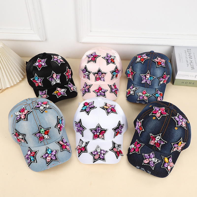 Cross-Border Diamond-Encrusted Five-Pointed Star Sunshade Baseball Cap for Women, Colorful Diamond Light Luxury Heavy-Duty Denim Dot Diamond Hat Wholesale