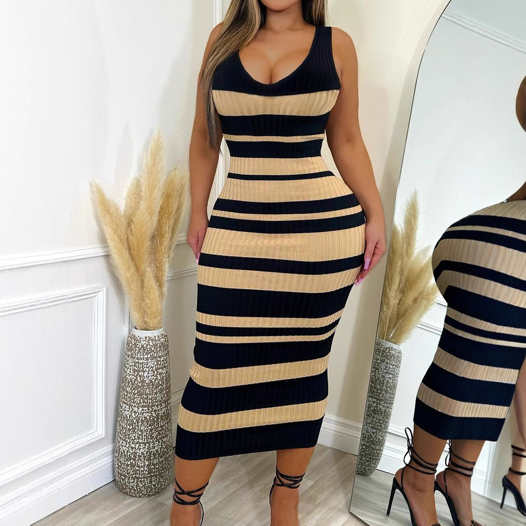 Striped Printed Sexy Sleeveless Ribbed Dress For Summer Women's Clothing_ecoleips.com