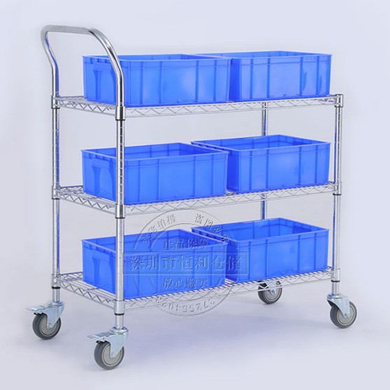 单扶手镀铬线网手推车带轮移动防静电物料车仓库周转车拣货车多层