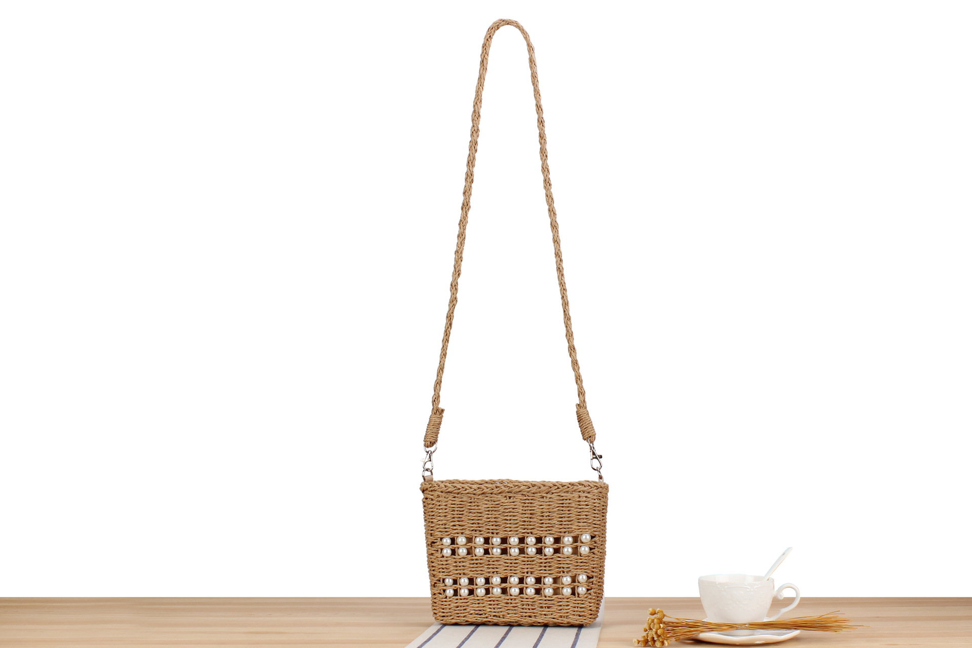 552g Weight Polyester Cotton Lining Material Pearls, Weave Fashion Element String Closure Type Single Shoulder Strap Strap Type Straw Bag Bags Type Holiday, Travel Occasion Paper string Material Solid Color Pattern Spring&Summer Season Women's Gender Vacation, Beach Style Medium Size Women's Vacation Beach Solid Color Paper String Shopping Bags 3