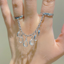 欧美跨境ins水滴流苏链条连指戒指女小众个性设计感双环连戒女士