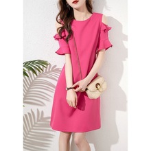 时尚露肩连衣裙2024夏季新款法式复古红色荷叶袖显瘦中长款裙子
