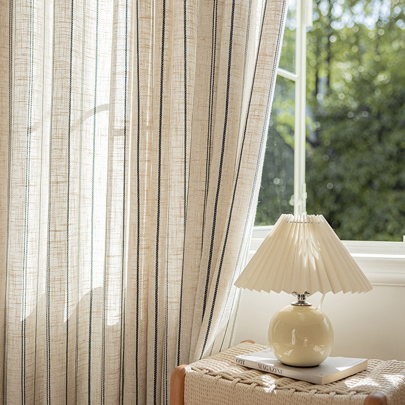 Nordic Simple Blue Striped Gauze Curtain Cross-Border Amazon Japanese Style B&B Living Room Balcony Linen Curtain Window Screen