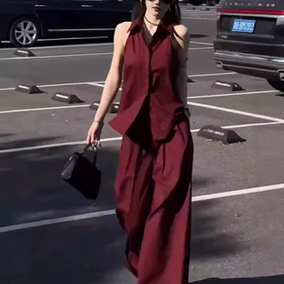 24587大爱美依缘2026夏季新款御姐高端翻领无袖上衣阔腿裤套装女