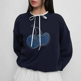 樱桃贴牛仔布立体纯棉加绒卫衣