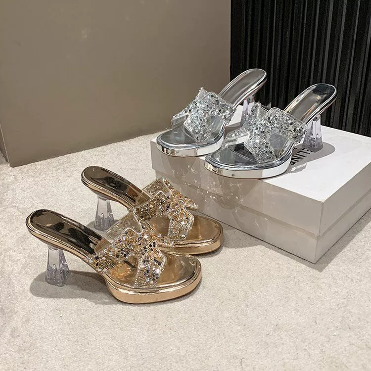 European and American style high heels that don't tire your feet, women's summer sandals 2024 new style rhinestone thick heels, waterproof platforms, thick-soled shoes, sandals and slippers