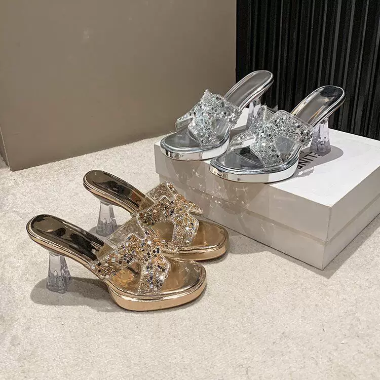 European and American style high heels that don't tire your feet, women's summer sandals 2024 new style rhinestone thick heels, waterproof platforms, thick-soled shoes, sandals and slippers