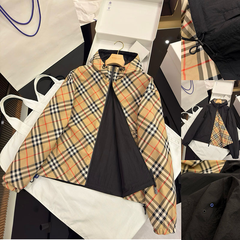 European high version double-sided two-wear bbr new nylon twill check plaid hooded trench coat jacket jacket