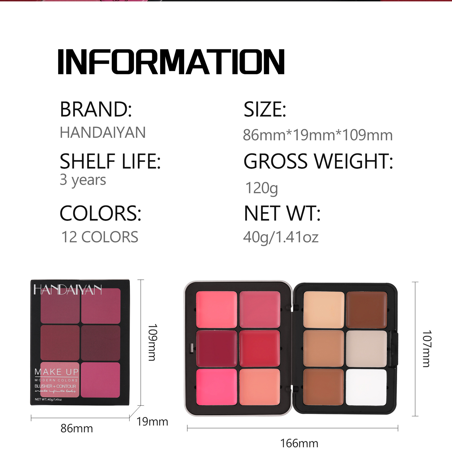 Cross-border 12-color tin box Blush palette, multi-purpose handaiyan Concealer Highlighter Contouring Palette Matte Blush Cream details Picture