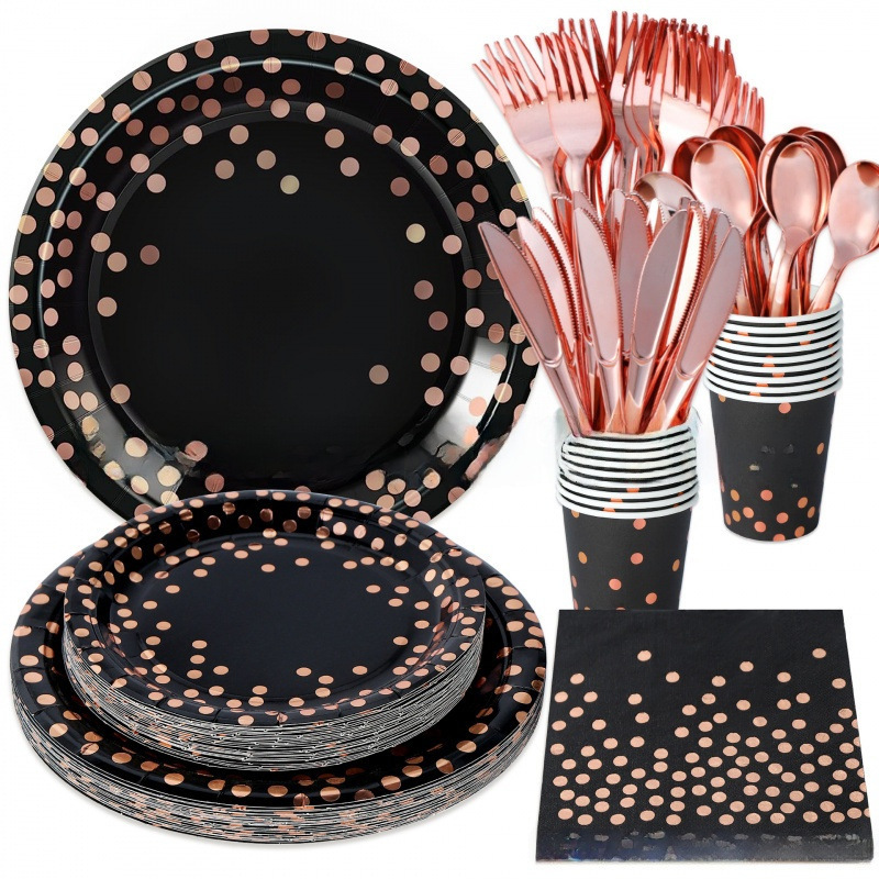 Disposable paper plates with round dot gold stamping, rose gold paper cups, biodegradable disposable dinner plate set, wholesale for birthday parties