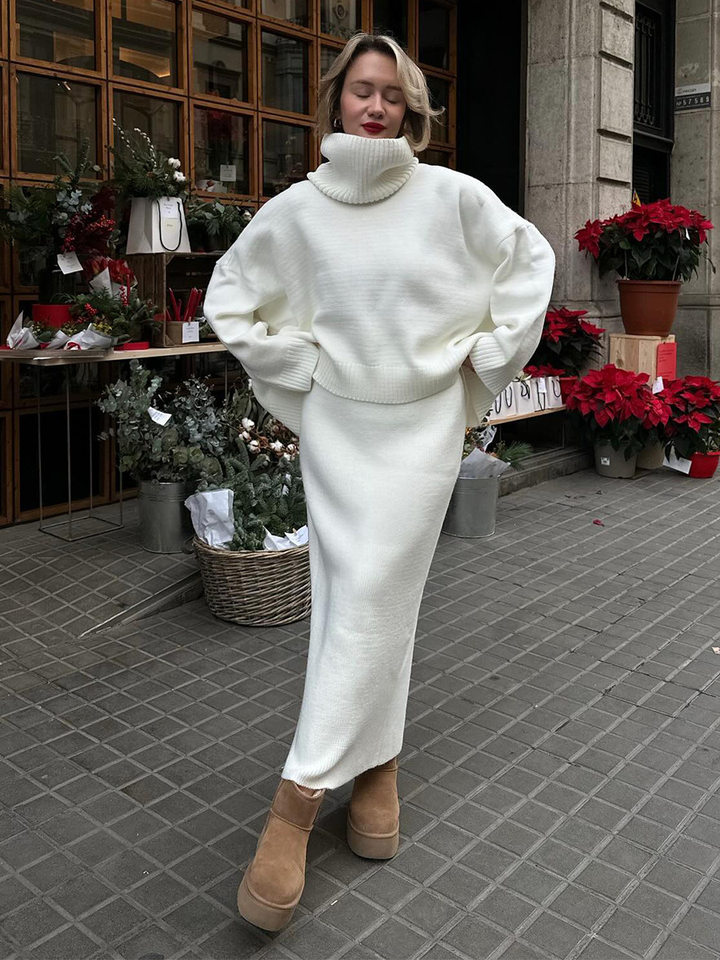 Bộ đầm áo len cổ cao dài tay phối chân váy dài dệt kim form rộng nữ — 50% Visco, 30% Polyester, 20% Nylon, Màu trắng be, Màu xanh lam, Màu xám