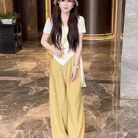 夏天穿搭一整套时尚设计感不规则短袖上衣高腰阔腿裤韩系两件套装