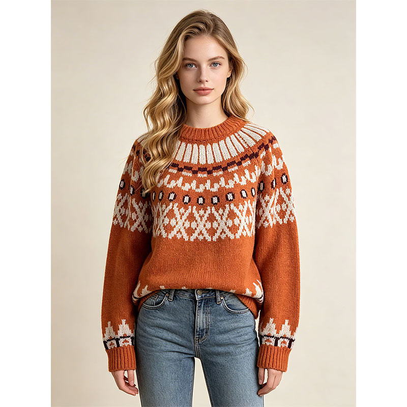 Cross-Border Fair Isle Jacquard Knit Sweater Top for Women, New Autumn and Winter Style, Melard Style Round Neck Pullover Sweater, Base Layer
