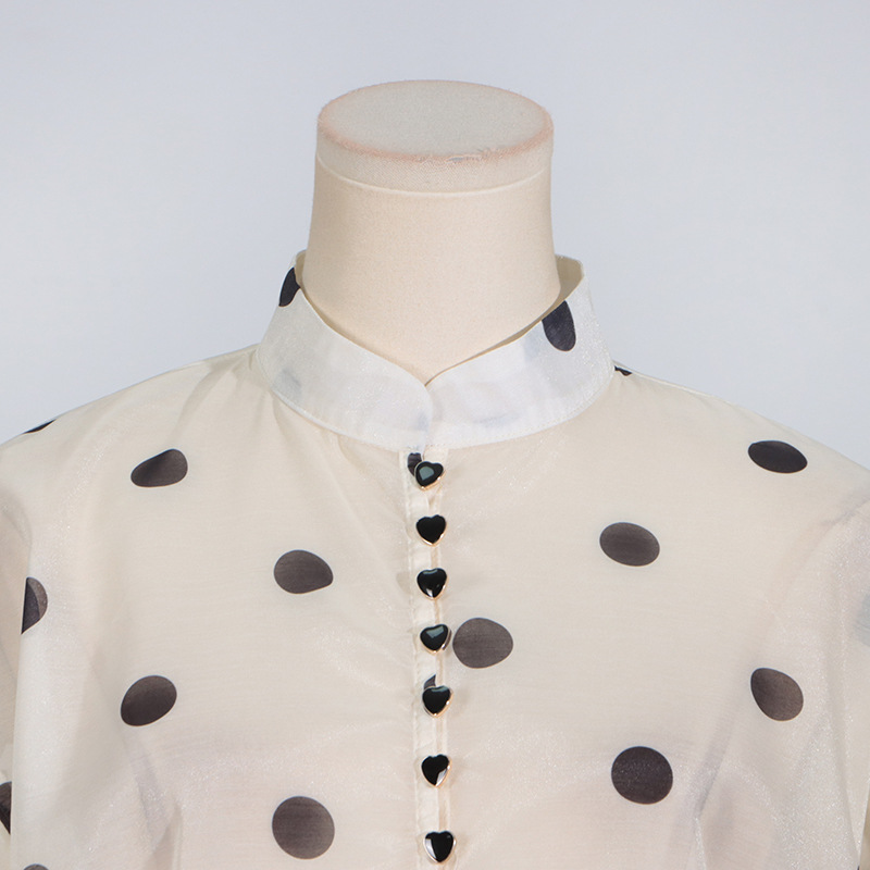 Australian Show Polka Dot Set Women Trendy Scarf Collar Ruffled Shirt Top Long Skirt Sets