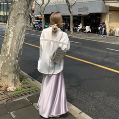 秋の女性用パープル高級アセテートサテンスカート、ドレープロングスカート、スリムAラインフィッシュテールスカート