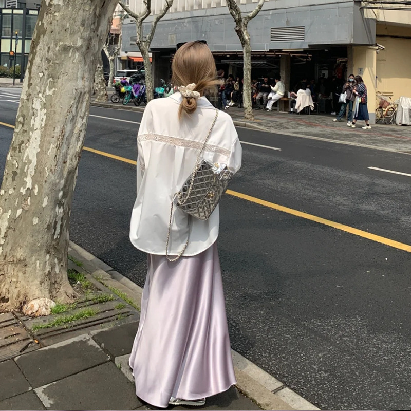 Purple High-End Acetate Satin Skirt for Women, Autumn Drapey Flowing Long Skirt, Slimming A-Line Fishtail Skirt Purple High-End Acetate Satin Skirt for Women, Autumn Drapey Flowing Long Skirt, Slimming A-Line Fishtail Skirt
