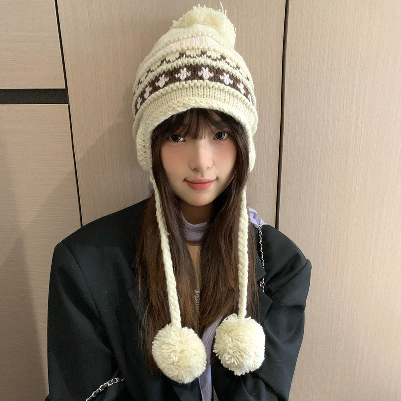 费尔岛风针织护耳雷锋帽女秋冬新款可爱毛球毛线帽显脸小百搭帽子|undefined